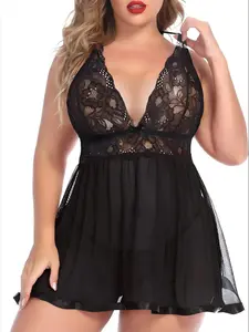 Women's Plus Size Sexy Halter Nightgown Set, Lace Mesh Pajamas, Comfortable Elegant Sleepwear, All Seasons, Includes Underwear