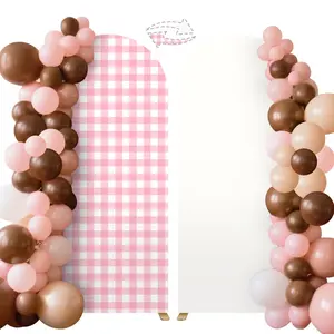 Pink White Plaid Arch Cover, Stretchy Spandex Backdrop Cover for Round Top Arch Stand, Perfect for Baby Shower, Birthday, Gender Reveal, Farmhouse & Picnic Party Decor