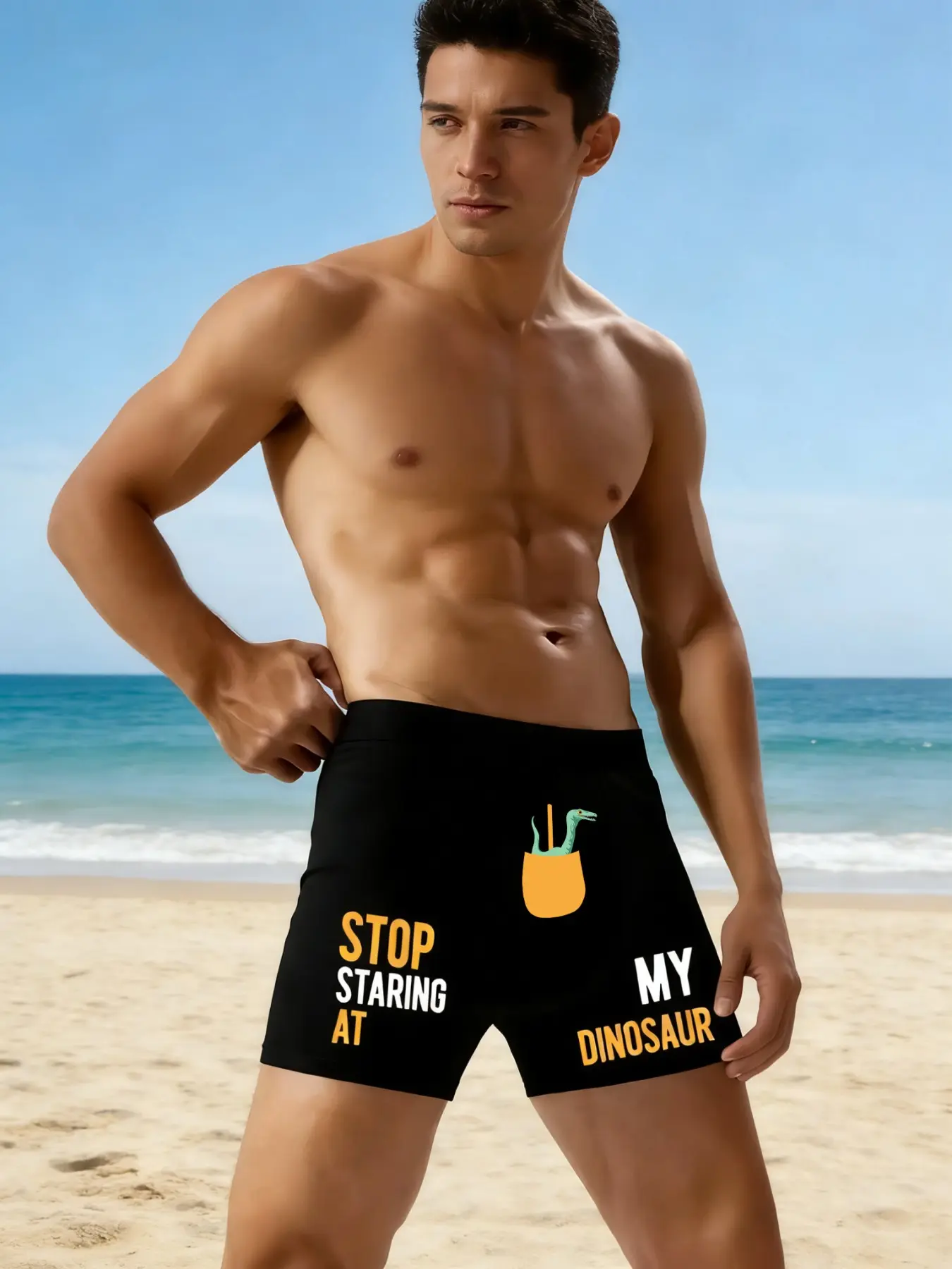 Men's 'stop Staring at My Dinosaur' Print Briefs, Fun and Funny Breathable Trunks, Extended Sporty Style, High Elasticity, Daily Wear, Casual Underwear Brief