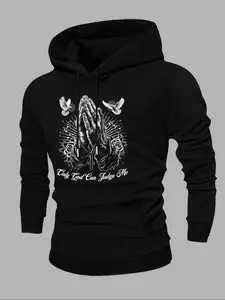 Men's Letter Print Drawstring Fleece Hoodie, Fall & Winter Casual Streetwear, Long Sleeve Graphic Pullover, Fitted Style, Fashion Streetwear