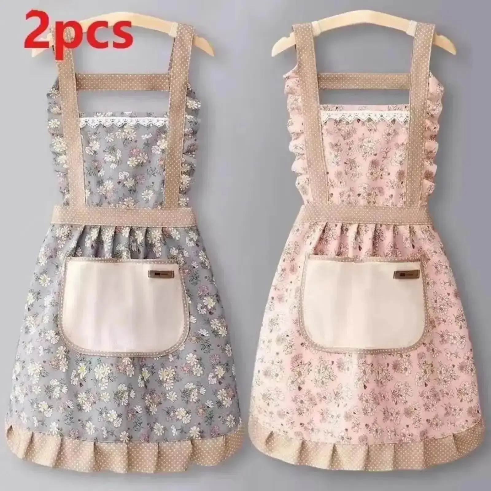 2 Pack Cottagecore Floral Ruffle Princess Apron With Towel Lined Pocket, Lace Trim H-Strap Vintage Kitchen Dress, Water Resistant Lightweight Cooking Baking Accessory For Women Cafe Restaurant Workwear,Summervibes