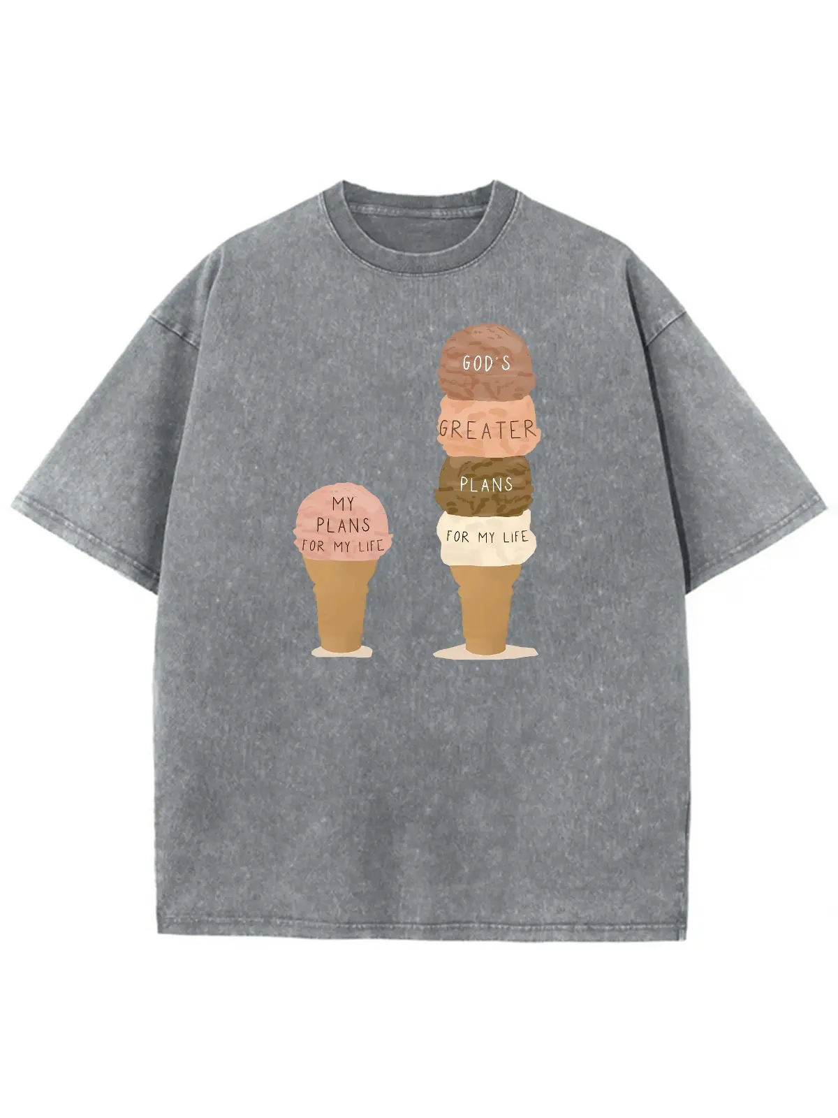 Women's 100% Cotton Vintage Washed Crew Neck T-shirt - 2 Ice Cream Cone Faith Quote, Drop Shoulder, Loose-Fitting, Hangable, Normal Type, Religious Casual Top for Daily Shopping, Machine Washable