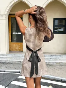 Women's Striped Round Neck Mini Dress, Casual Strapless Design, Elegant Style, Perfect for Daily Wear, Comfortable & Stylish