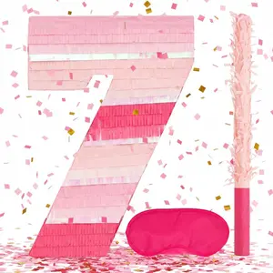 Number 7 Pinatas Bundle with Blindfold and Bat(16.1 x 11 x 4 Inches), Perfect for Boys and Girls Birthday Party Supplies, Pink Theme Birthday Decoration (Pink Number 7)