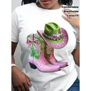 Glitter Cowgirl Boots And Cowboy Hat Graphic Tee Women Oversized Crewneck Short Sleeve Soft Breathable Loose Fit Casual Western Country Concert Outfit