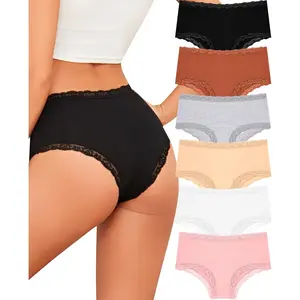 Women's Cheeky Underwear - High Waist Cotton Briefs with Lace Trim
