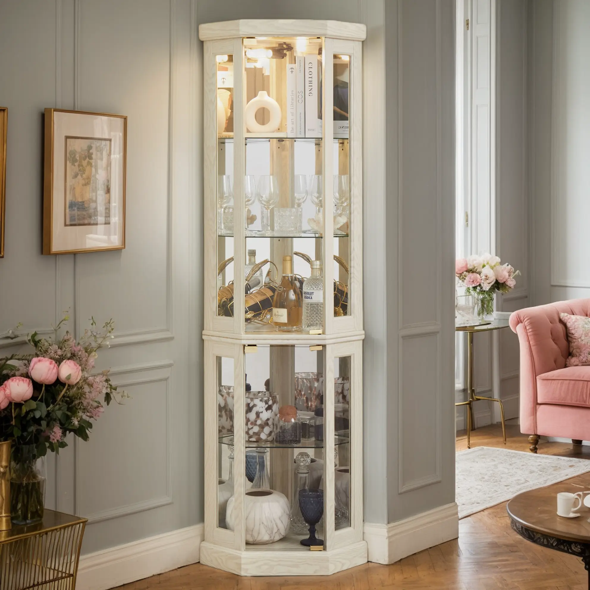 Eyisean 70" Corner Curio Cabinet, Lighted Glass Display Cabinet with 6 Shelves, Curved Wooden Shelving Unit with Tempered Glass Door, Light Bulb Inclued, 150 Lbs Weight Capacity, Mirrored Back, China Cabinet for Living Room Small Area