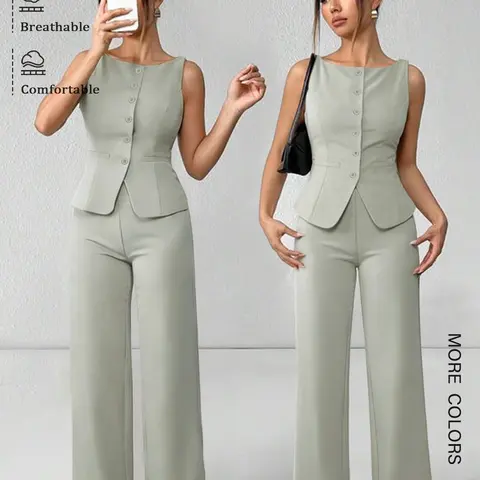 Women's Casual Chic Elegant Fashion Two-Piece Set Suits, Sleeveless Top & Long Pants, Slim Fit, Spring & Fall Wear, High-Quality Office Attire, Breathable Set, Womenswear