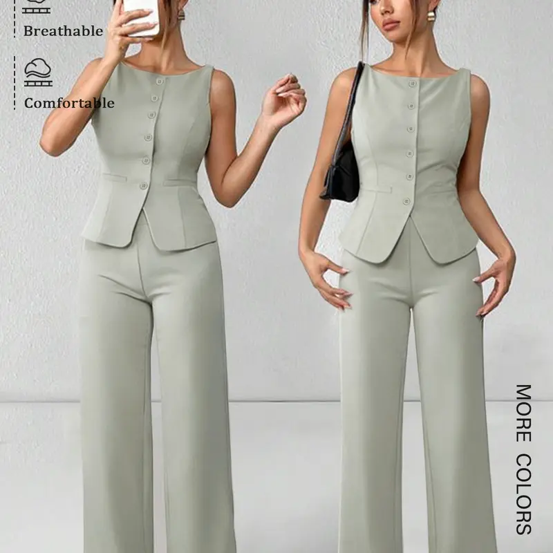 Women's Casual Chic Elegant Fashion Two-Piece Set Suits, Sleeveless Top & Long Pants, Slim Fit, Spring & Fall Wear, High-Quality Office Attire, Breathable Set, Womenswear