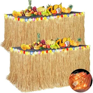 2 Pieces 9 Ft x 30 Inches Luau Grass Table Skirts with LED String Light for Tropical, Hawaiian Themed, Birthday Party (Natural)