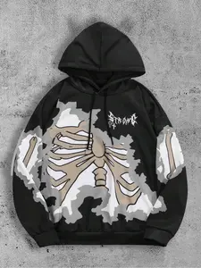 Men's Fall Winter Hooded Sweatshirt, Fitted, Skull Horror Print, Drawstring and Kangaroo Pocket Design, Comfortable Fabric, Street Fashion