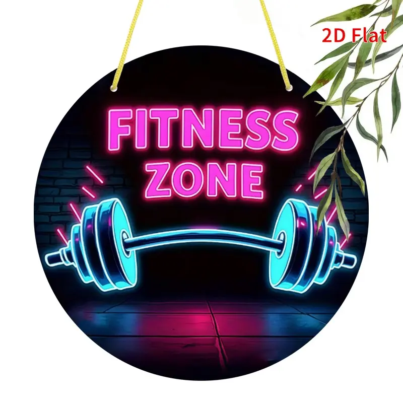1PC Gym Area Neon Theme Round Wooden Sign - Vintage Barbell Weightlifting Wall Art Neon Signs with Bright Pink Glow, Suitable for Garage, Cafe, or Living Room Gym Decoration, 19.99* 19.99cm Hanging Sign, Art Sign, Wooden Home Sign, Neon Light Sign