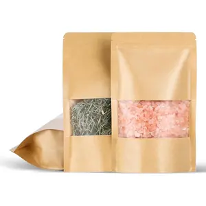 100 Pcs 5x8 Inch Kraft Paper Bags with Transparent Window, Stand Up Pouches,Smell Bags,Resealable Bags for Small Business, Zipper,for Packaging Snacks Cookies Candy