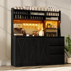 Modern Buffet Sideboard Cabinet with Power Outlets and  LED Light, Wide Large Kitchen Hutch Cabinet with 3 Drawers, Microwave Stand, Adjustable Shelves and 7 Cup Holders