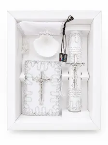 6-Piece Baptism Candle Set | Silver Rope Crucifix | Bible Shell Rosary Scapular