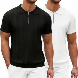 2 pieces New York Fashion Week Men's Zipper Polo Shirts Short Sleeve Ribbed Knit Polo T Shirts Fashion Casual Golf Shirts Fabric Menswear Classic