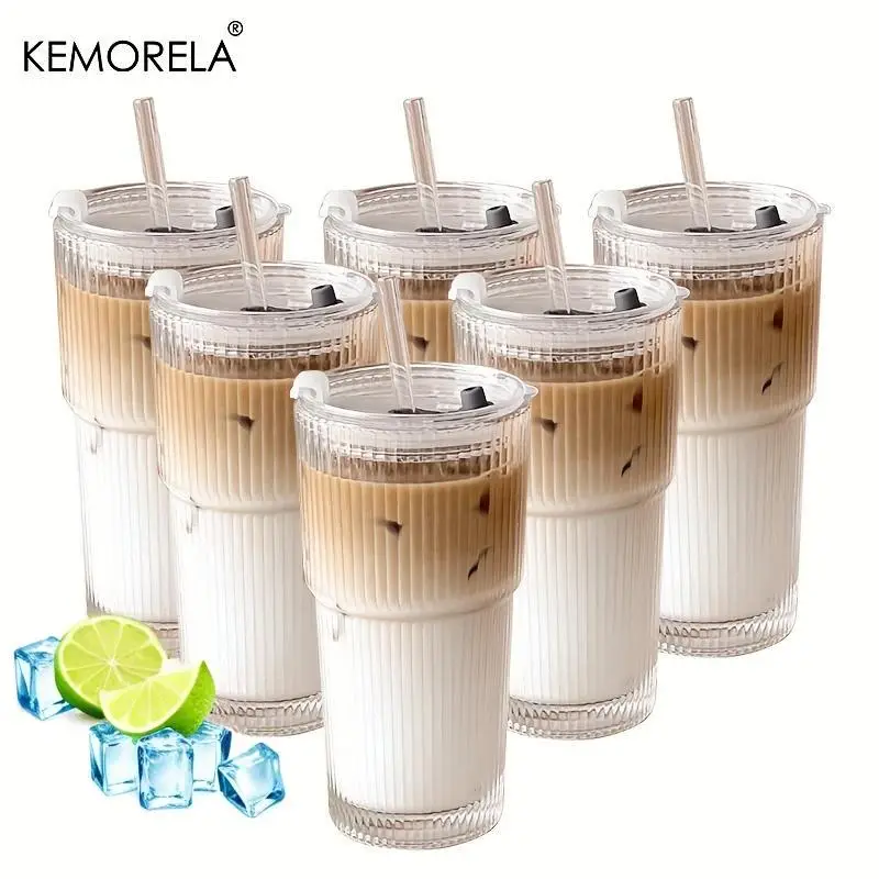 Large Capacity Vertical Striped Glass Cup with Lid & Straw, 4/6 Counts Cold Drink Cup for Juice, Coffee, Water Cup, Summer Cool Bottle Suitable As Hol