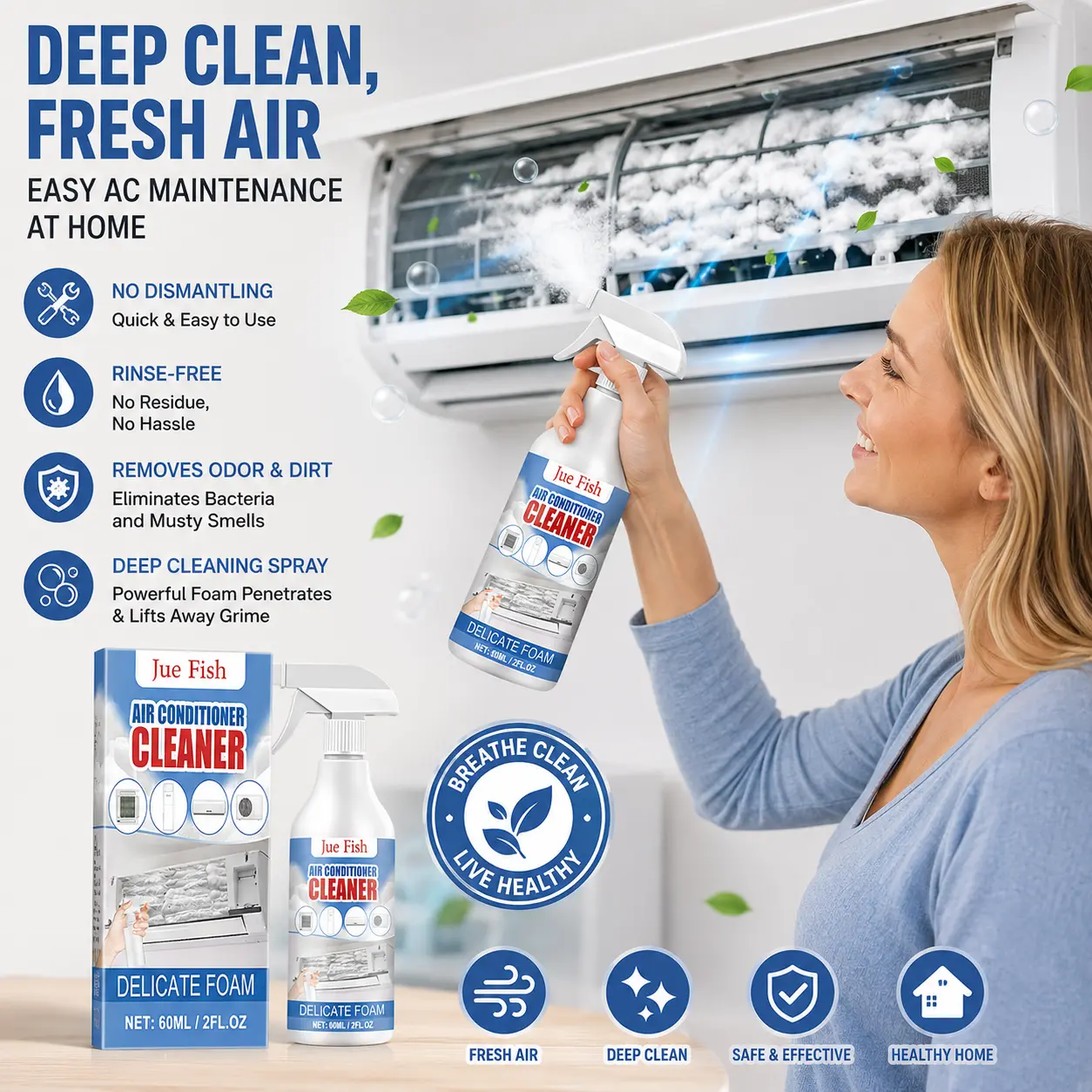 Air Conditioner Foam Cleaner for Wall Unit – No Dismantling, Rinse-Free, Removes Odor & Dirt, Deep Cleaning Spray