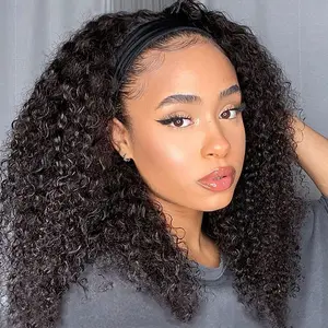 Bling Hair Headband Wig Human Hair Deep Wave Kinky Curly Headband Wig None Lace Wigs Human Hair Glueless Curly Headband Half Wigs for Women 180% Density Natural Color
