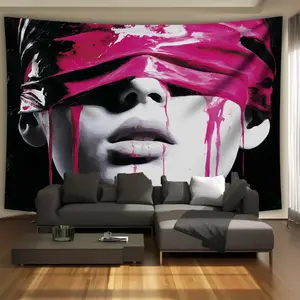 1pc Ultra Large Abstract Face Art Tapestry - Geometric Design HD Digital Print Polyester Wall Hanging with Vibrant Pink & Black Modern Art, Hand-Stitched Edges & Free Hanging Clips for Living Room, Bedroom, Party Decor, Abstract Wall Art, Smooth Texture F