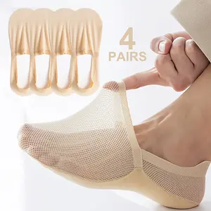 4 Pairs of Women'S Light Peach Boat Socks, Summer Thin Style, Low-Cut Invisible Non-Slip, Breathable Mesh Ice Couple Boat Socks, Suitable for Everyday Casual Wear