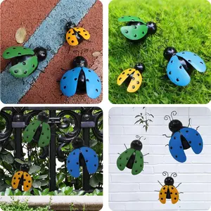3pcs cute metal ladybug ornaments, yellow-green-blue iron art decorations, vibrant seven-spot ladybug statues, suitable for garden, courtyard, grass, and fence decoration, beetle gifts