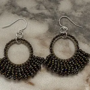Enchanted Ivy Earrings - Handcrafted with Japanese Seed Beads in Antique Brass, Shimmering Metallic Green Iris, Delicate Fringe Design