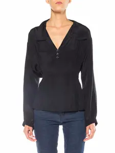 Edwardian Black Silk Long Sleeve Pleated & Belted Blouse