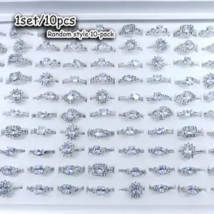 10Pcs Fashion Ring |   4-6 Prong Setting Multi Types |   Minimalist Rings Featuring White Inlaid Zirconia |   Mix And Match For Daily Outfits Evening Party Official Occasions Jewelry
