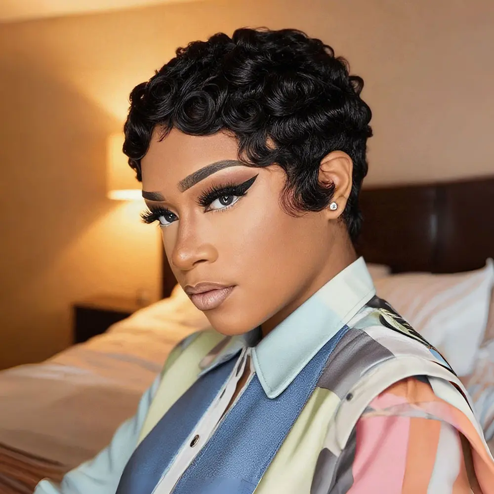 ZIHAN Short Pixie Cut Synthetic Wig, Voluminous Curly Wavy Style for Women, Glueless, Comfortable & Versatile for Occasions, Glueless Synthetic Wig, Synthetic Hair Wigs