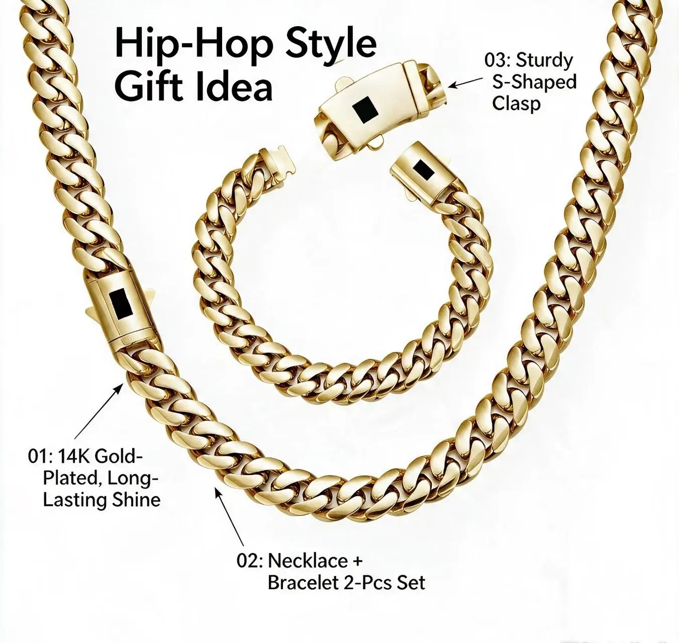 14K gold-plated Cuban Link Chain with Black S Clasp for Men • 8mm 10mm 12mm 14mm Heavy Chunky Hip Hop Necklace • Waterproof Tarnish Free Stainless Steel Jewelry