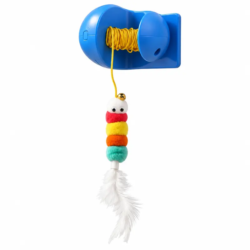 Automatic Hanging Cat Toy for Indoor Cats, USB Rechargeable Retractable Rope Teaser with Colorful Caterpillar, Feather and Bell, Blue