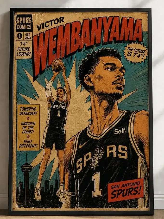Victor Wembanyama Poster, San Antonio Spurs, NBA Basketball Digital Portrait, Retro Comic Prints, Boys Girls Kids Teens Adults Movie Room sohochic