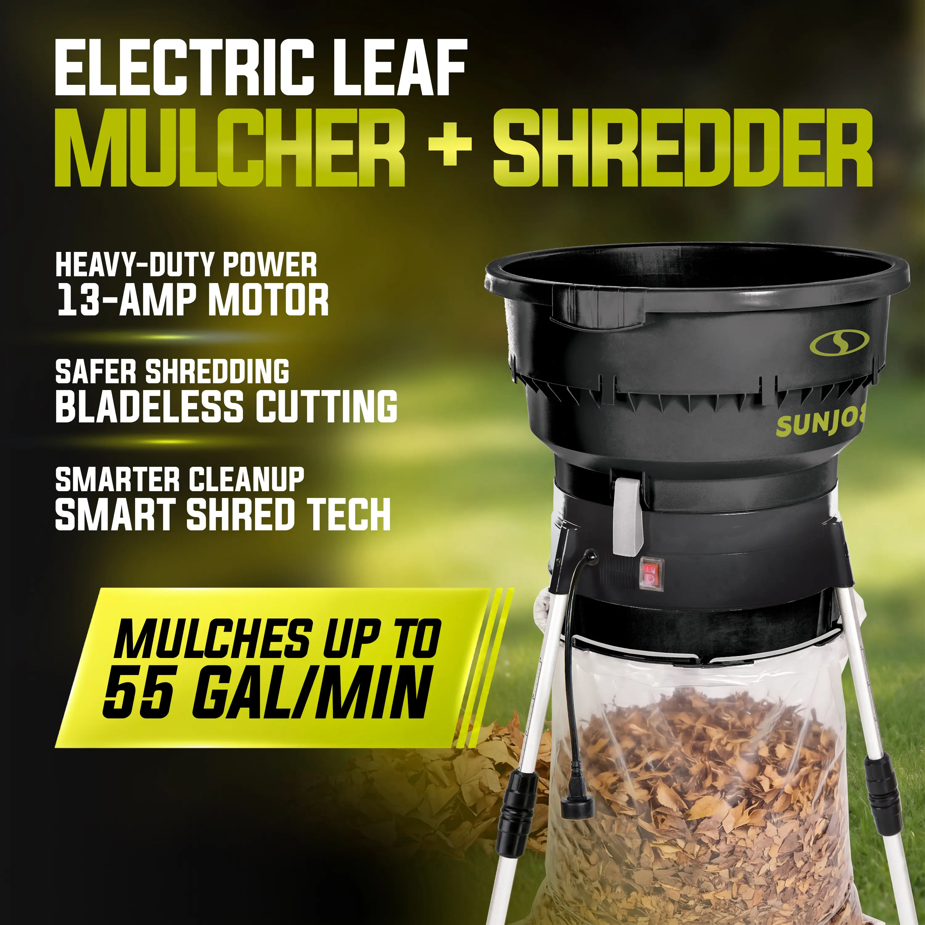 Sun Joe Electric Leaf Mulcher + Shredder | 16:1 Reduction | 13 Amp | 8,000 RPM | Mulches Up To 55 Gallons of Leaves Per Minute