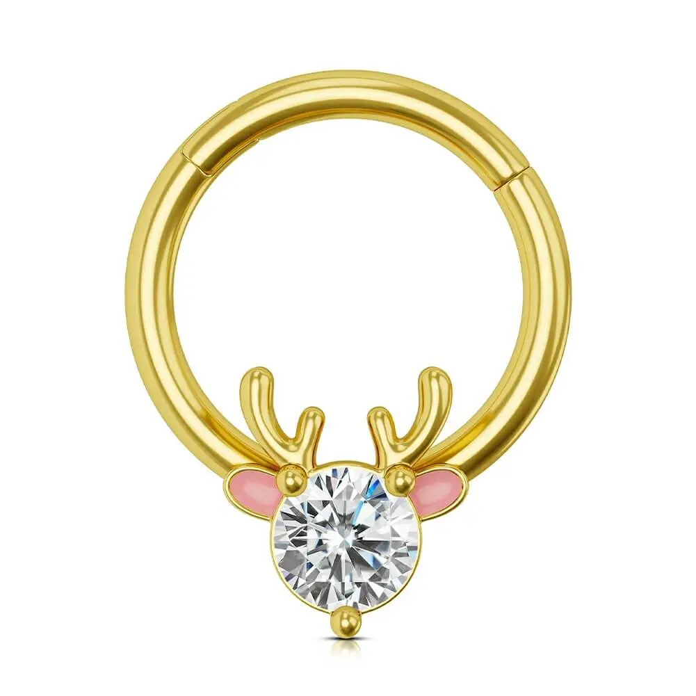 OUFER BODY JEWELRY 16G Christmas Reindeer Septum Hoop, Playful Piercing Jewelry in 316L Stainless Steel, Hinged Clicker Ring with CZ Accent, Septum Piercing, Accessories, Body Piercing Jewelry