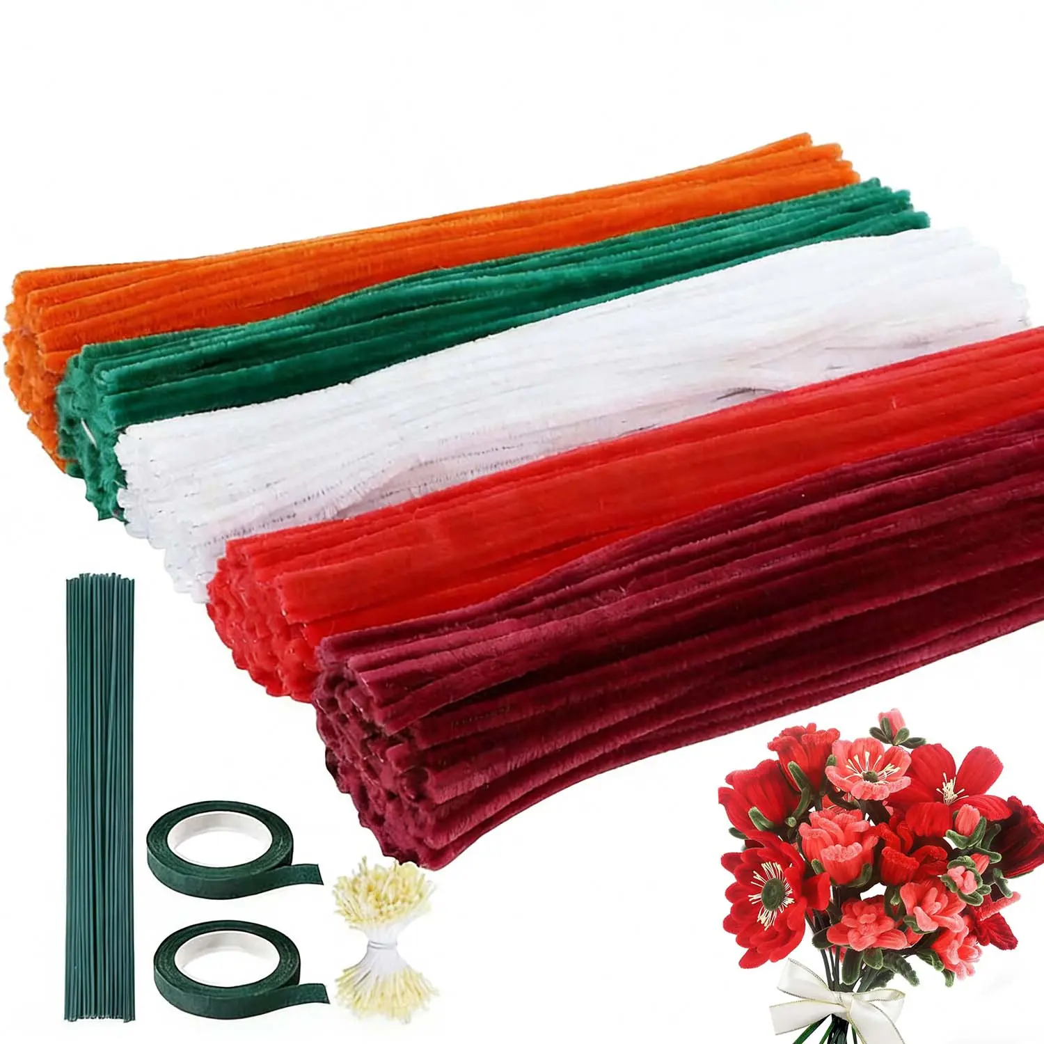 Craft Enthusiasts' 500-Pcs Customized Craft Flower Pipe Cleaners Variety Pack - Red, 4 Pastel Chenille Stems, Floral Wire, Stamen, Tape for Handmade Bouquet Wrapping, Party Decor