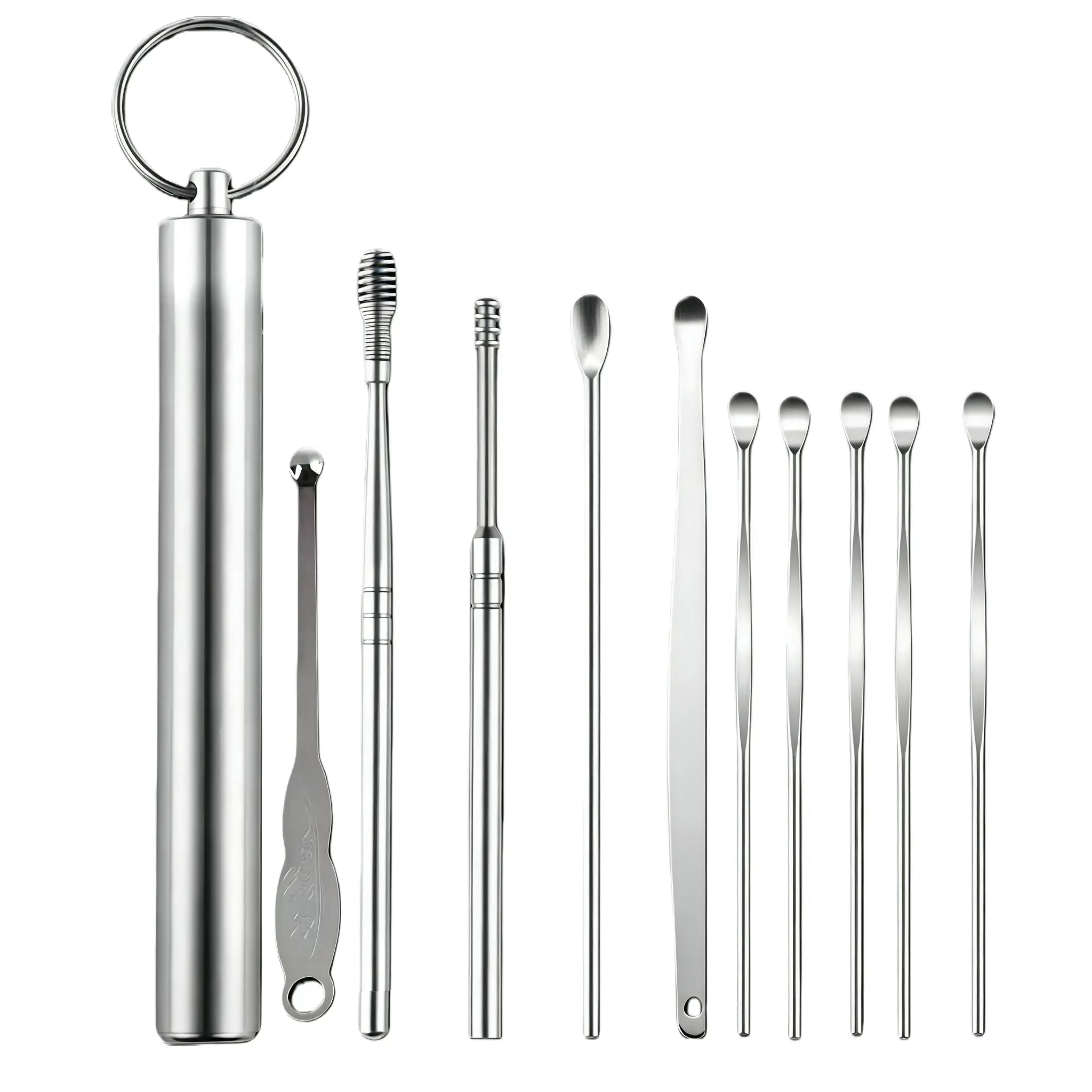 Stainless Steel Ear Care Multi-Pack (10 Pieces) - Digging, Scooping, Scraping, Brushing Tools - Safe Complete Ear Canal Cleaning Personal Care Solution, Ear Cleaning