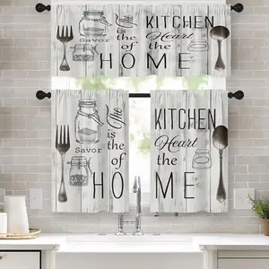 Emvency 3-Piece Rustic Country Farm Kitchen Curtain Set - White Farmhouse Vintage Fork & Spoon on Barn Wood, 36in High-Res Print Light Filtering Short Window Treatments for Kitchen Sink, Suitable for Multiple Rooms