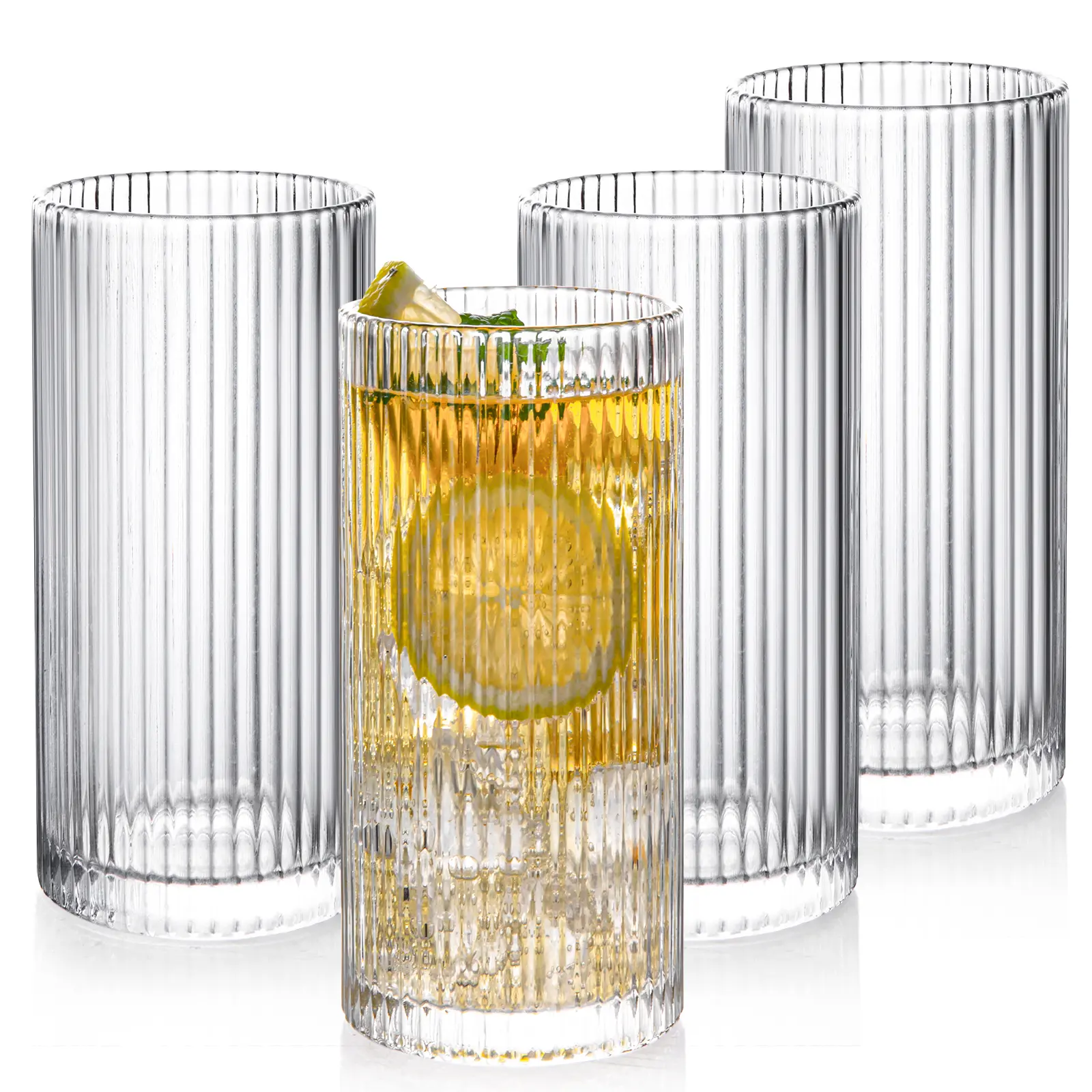 Drinkware Drinking Glasses with Origami Style Set of 4 Glass Cups, Ribbed Glassware, Highball Glass Cups, Elegant Art Deco Ripple Vintage Glassware, Juice Glasses, Ideal for Cocktail, Beer