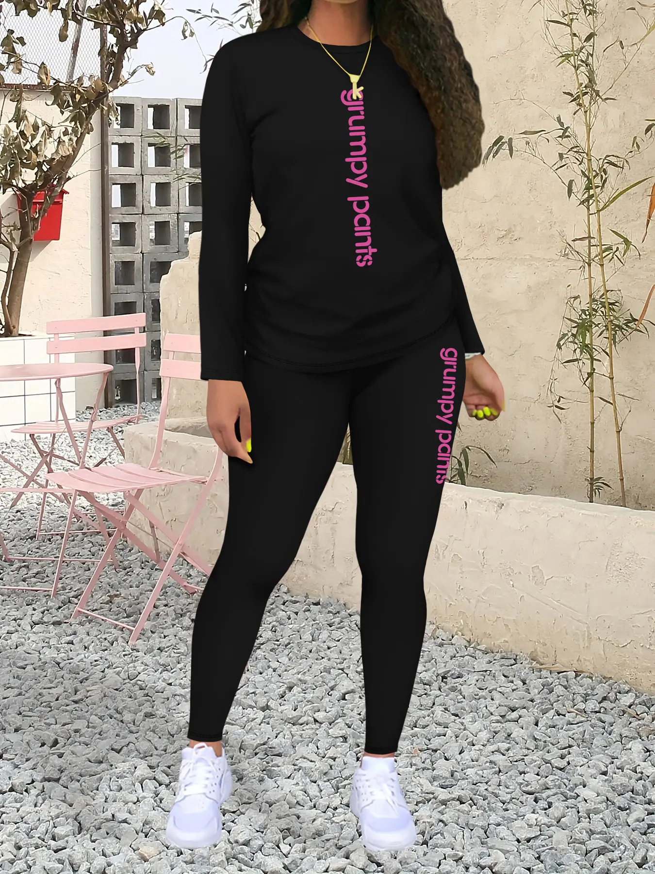 Women's Grumpy Letter Print Casual Sportswear Set, Fashionable Long Sleeve Top & Tight Fit Pants, Fall Winter, Tracksuit Set, Athletic Tracksuit Set, Sweatsuit Sets, Workout Running Outfits