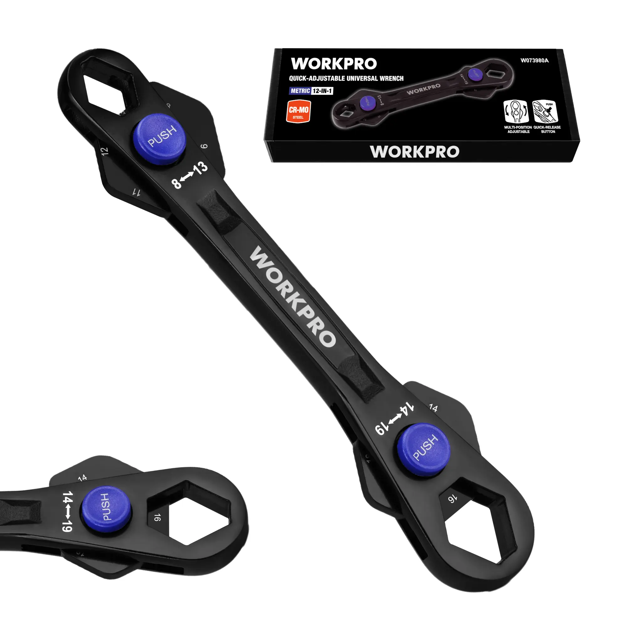 #backtoschool WORKPRO 12-in-1 Universal Adjustable Wrench Set, 8-19mm Metric & 5/16"-3/4" SAE Multi-Size Wrenches with Heat-Treated Cr-Mo Steel, ASME Standard, Multi-Position Head, for Home, Workshop, DIY