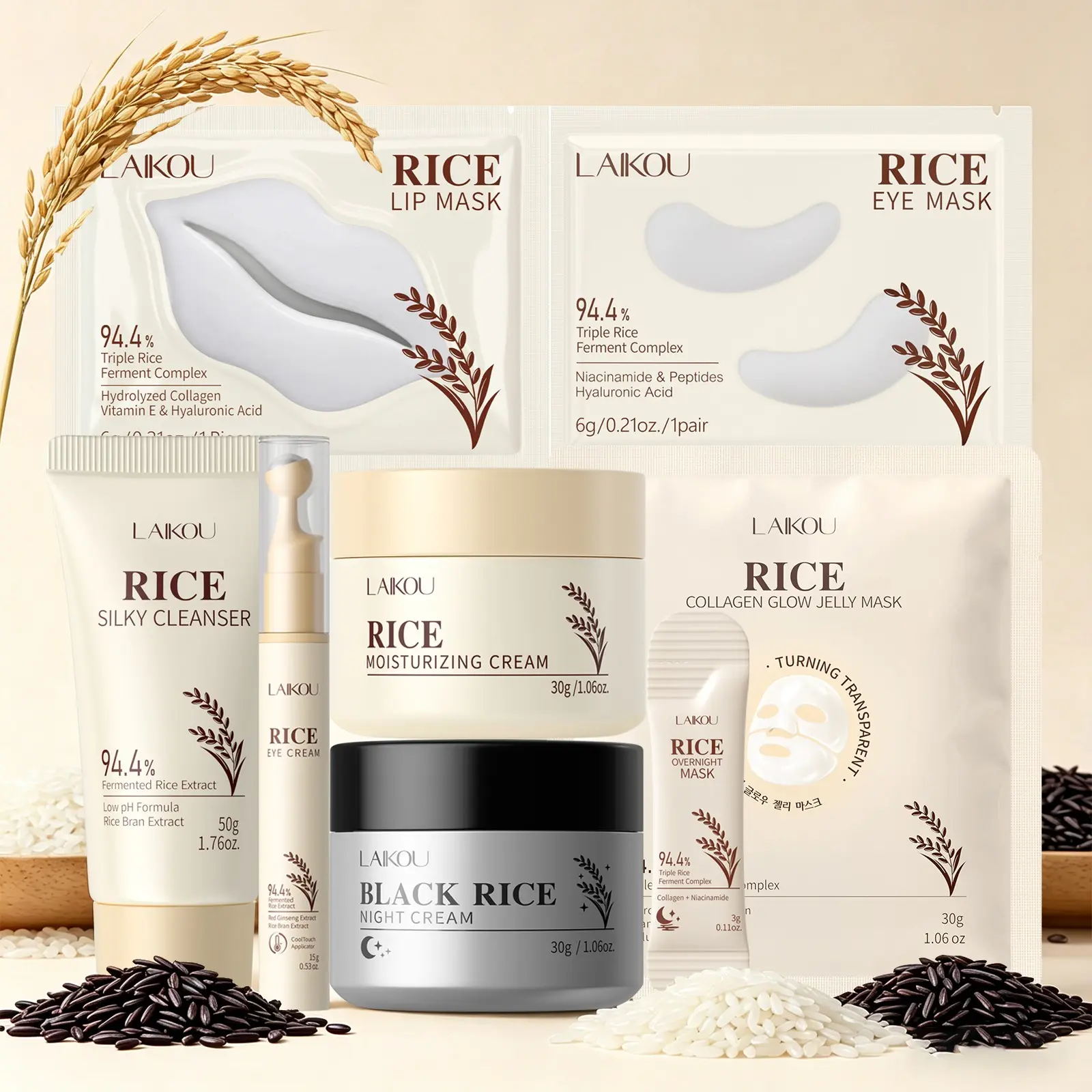 LAIKOU Rice Revitalizing Overnight Treatment Set, 8-Pcs Hydrating Moisturizing Skincare Bundle Face Set with Black Rice Night Cream, Sleeping Mask & Eye Care, Intensive Moisture Recovery, Texture Refining & Moisture Maintenance Kit for Tired Skin