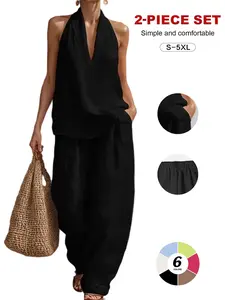 2026 Sexy Halter Backless Two Piece Set, Linen V-Neck Top & High Waist Wide Leg Pants, Summer Boho Beach, Long Sleeve, Loose-Fit