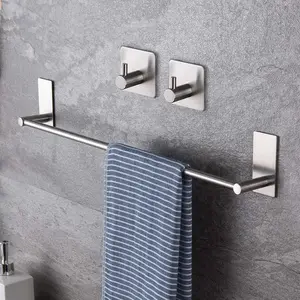 16-Inch Towel Bar - Self Adhesive Bathroom Towel Holder with 2 Packs Towel Hooks, Stainless Steel Bathroom Hardware Accessory Kit, No Drilling