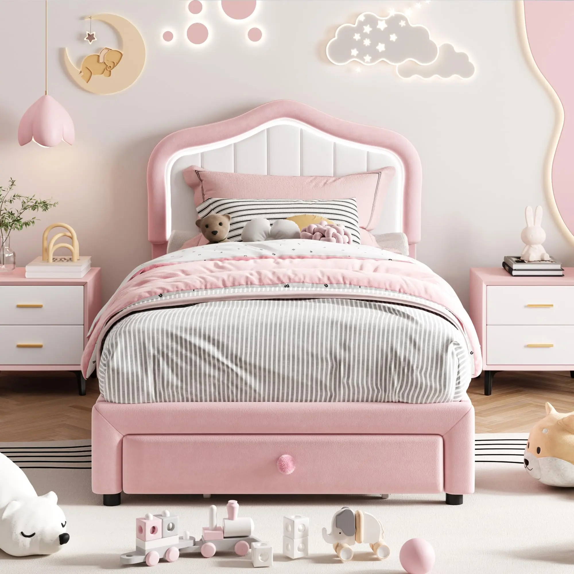 GARVEE Velvet Twin-XL LED Upholstered Platform Bed Frame for Girls, Wooden Slats Support, Storage Drawer, No Box Spring Needed, Easy Assembly, Pink