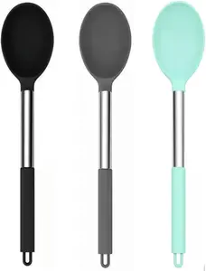 (13.2"), 3-Pack  Silicone Solid Cooking Spoon SetLarge Stainless Steel Handle Non Stick Server Spoon Heat Resistant 600°F, Metal Basting Spoon, Kitchen Utensils for Mixing Serving