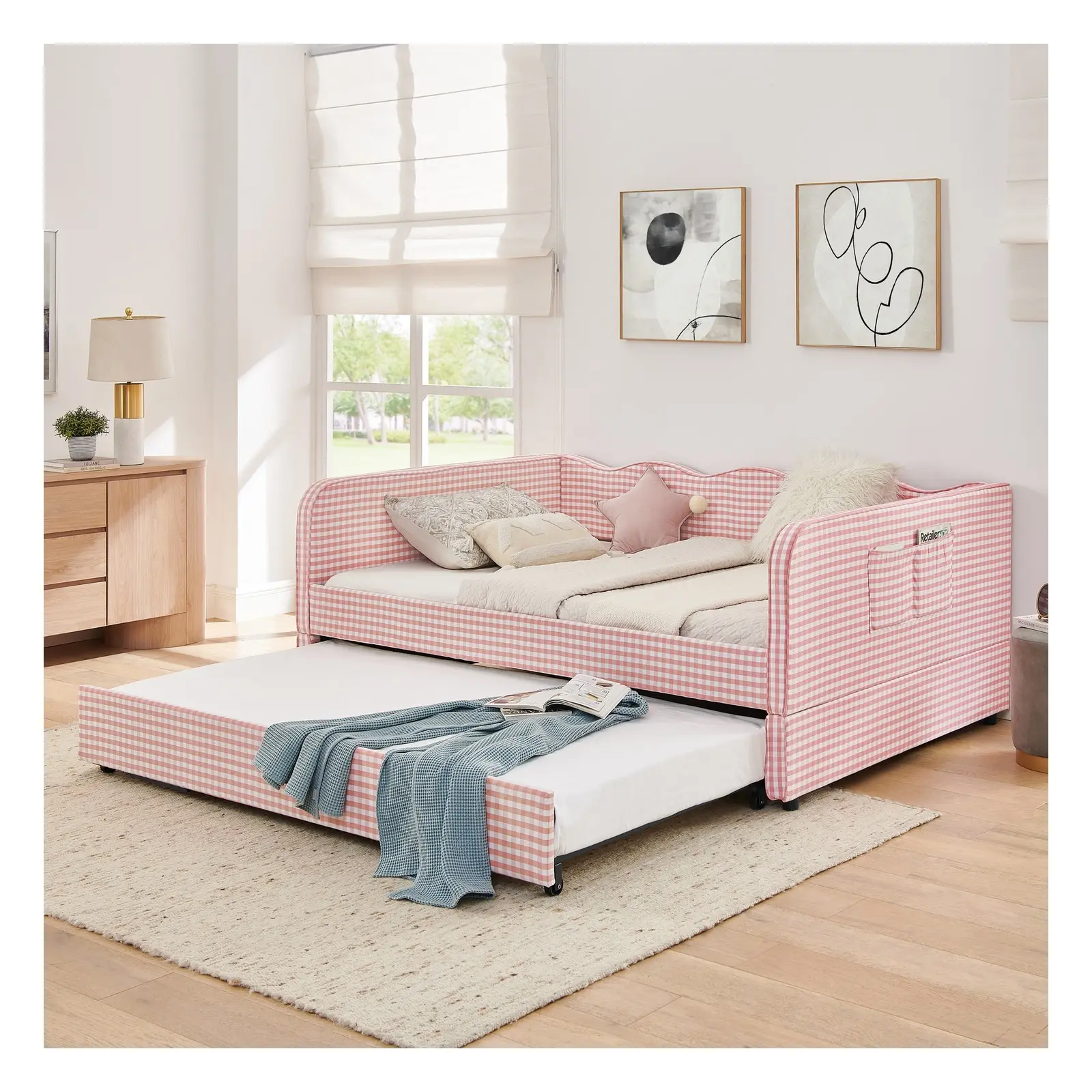 Full Size Upholstered Daybed Frame with Trundle and Convertible Design, Pink/Cyan/Dark Blue/Black