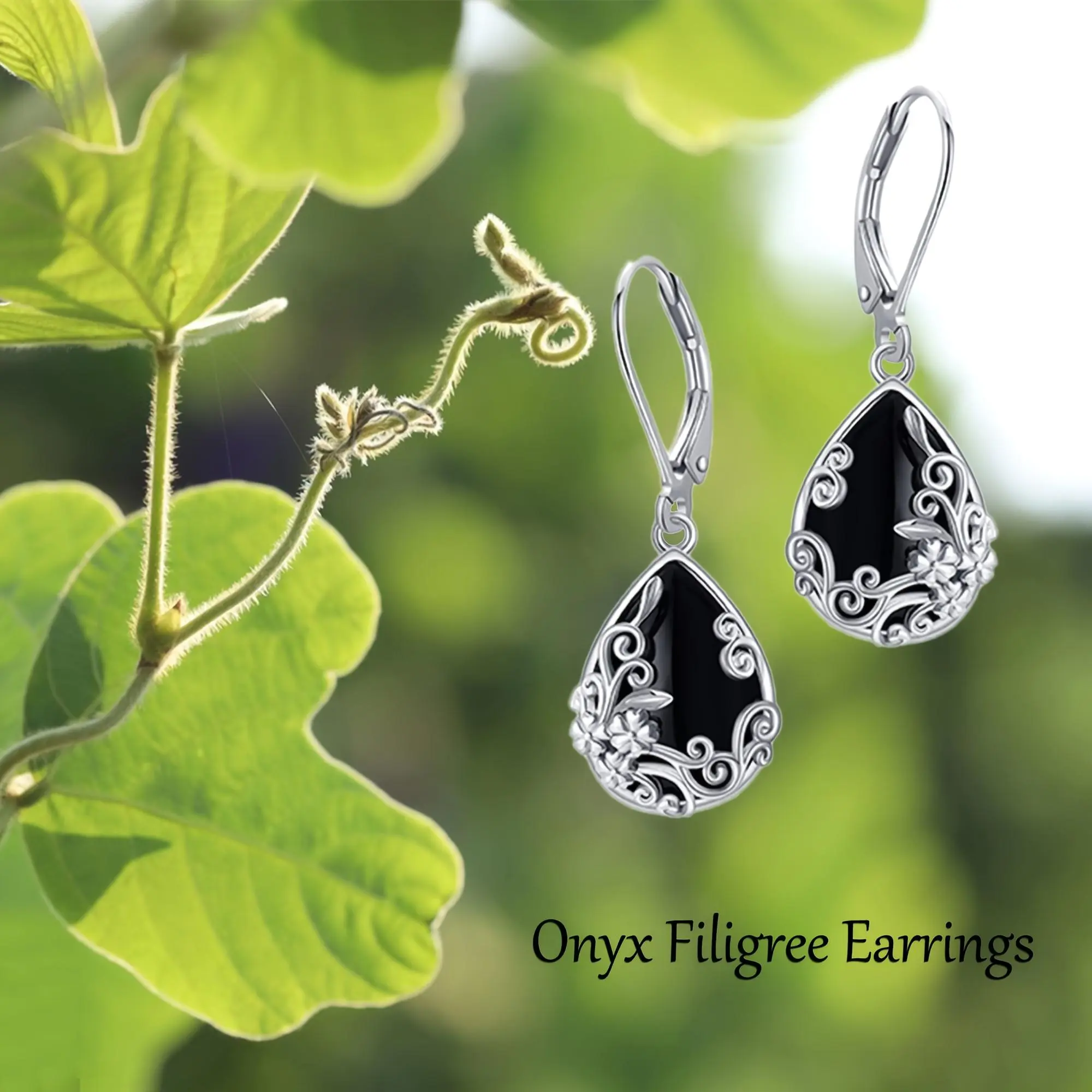 Women's 2-Pcs Handcrafted Filigree Pendant Costume Earrings, Exquisite Water Drop Imitation Black Onyx, Elegant Daily Fashion Jewelry, Ideal for Friends' Birthday or Holiday Gifts, Black Onyx Earrings, 1.5" (3.8Cm), 2Pcs