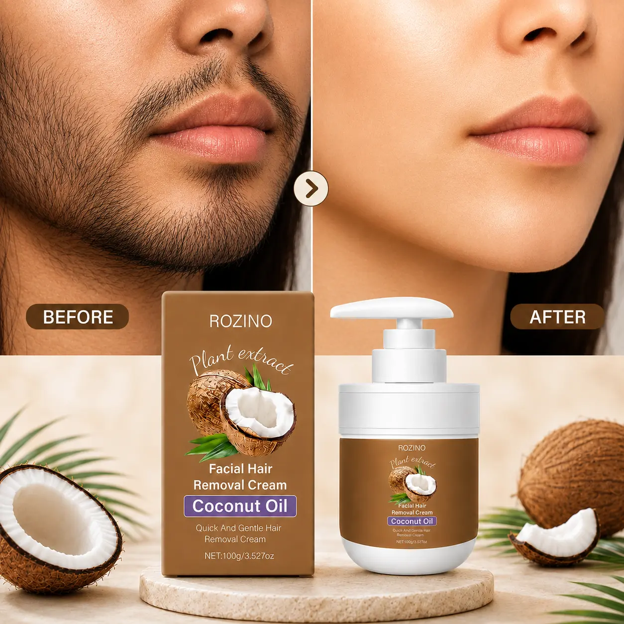 ROZINO Coconut Oil Hair Removal Cream - Gentle & Painless Depilatory Cream for Face, Arms, Legs & Body | Plant Extract Formula for Smooth Skin