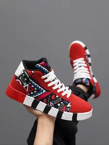 Men's Fashionable Random Print Lace Up High Top Sneakers, Casual Comfortable Non-slip Rubber Sole Skate Shoes, Trendy All-match Sneakers for Daily Wear, Nonslip Trainers